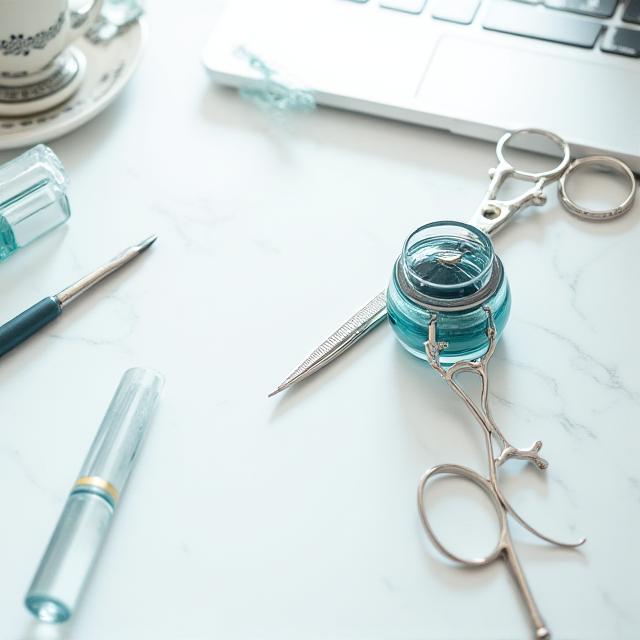 Artistic pen and pet grooming shears on a marble surface