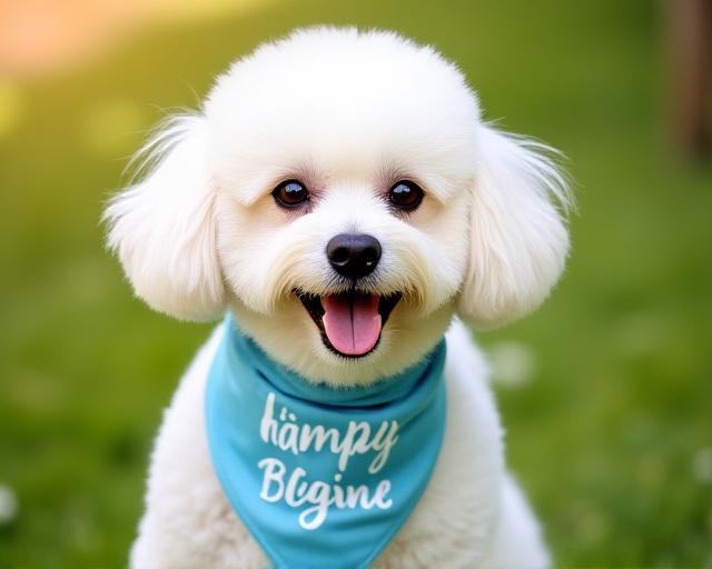 Small dog wearing custom calligraphy bandana