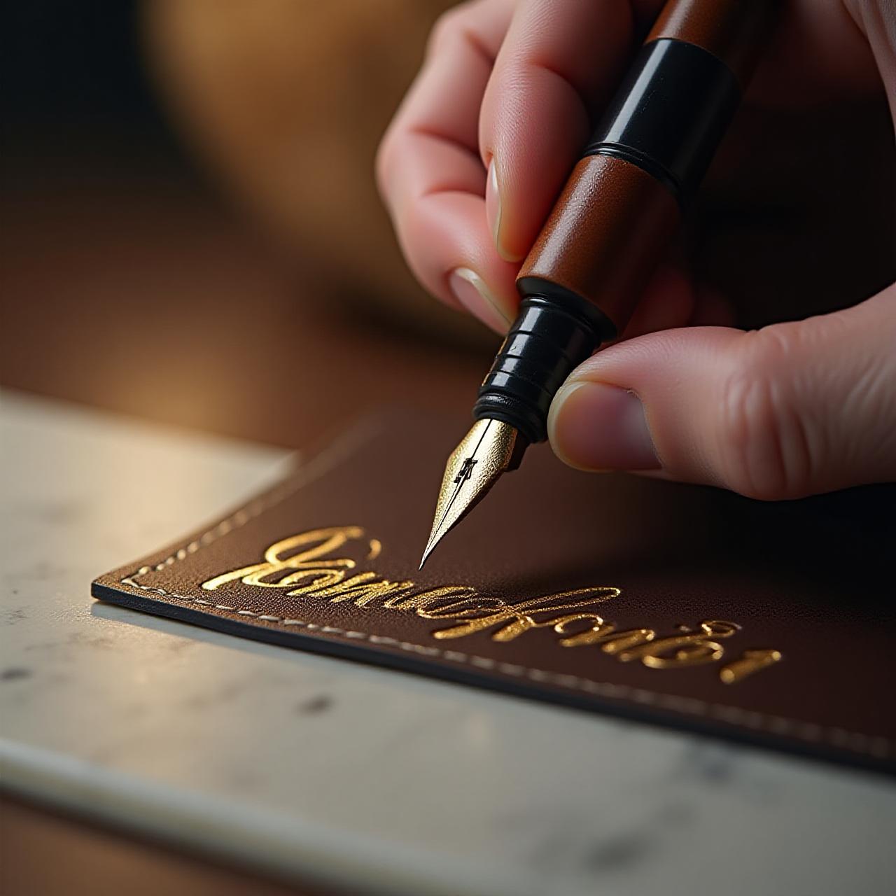 Artisan hand-lettering a leather pet collar