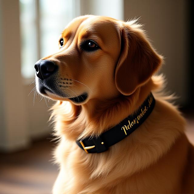 Golden Retriever with artistic calligraphy collar