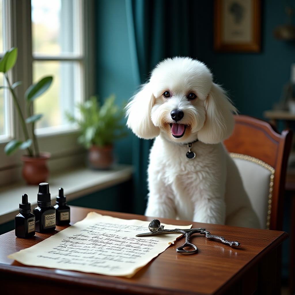 A perfectly groomed poodle sitting elegantly by a vintage calligraphy desk