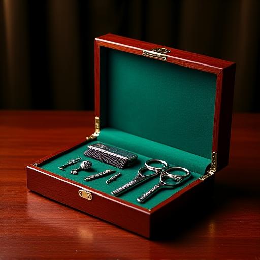 Hinged wooden box containing a set of decorative grooming tools