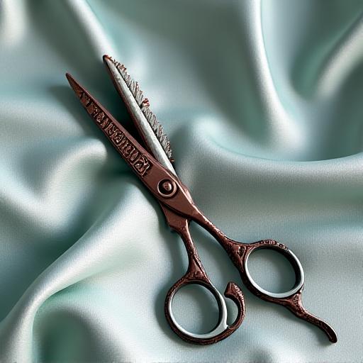 Engraved grooming shears with script motifs